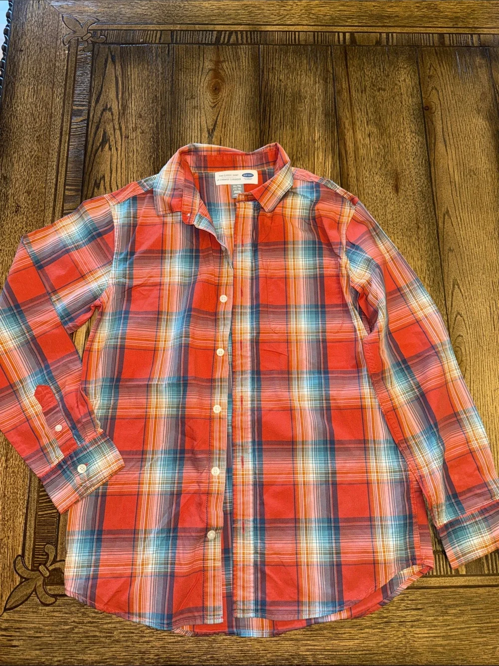 Old Navy Boys Red Plaid Button-Down Shirt with Blue Accents